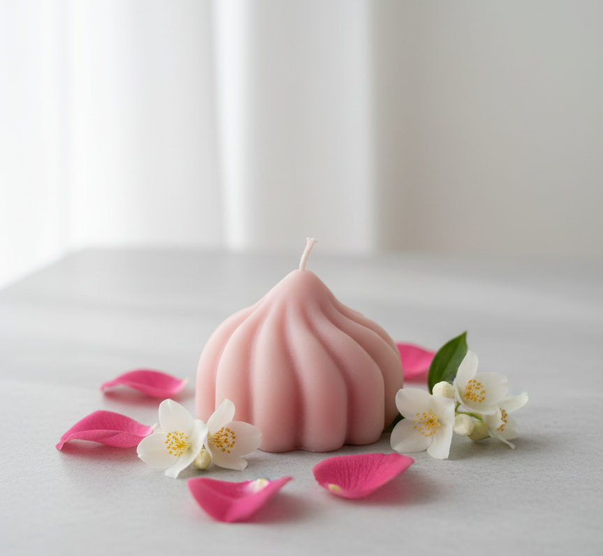 Pink candle with flowers on a white surface, featuring 'Butterfly Whispers' branding.