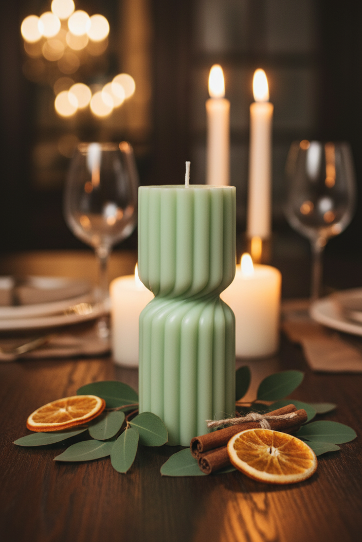 Green ribbed candle on a table with candles and decorative elements, featuring 'Butterfly Whisper' branding.