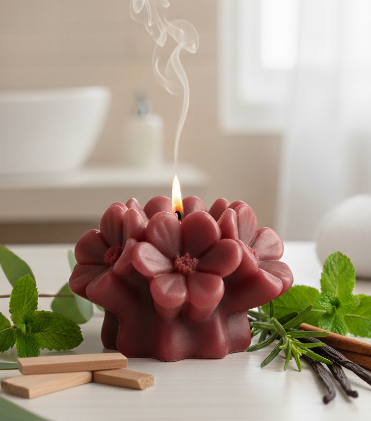 Floral-shaped candle with smoke, surrounded by vanilla beans and mint leaves on a bathroom counter.