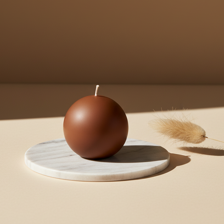 Brown spherical candle on a white marble base with a minimal background