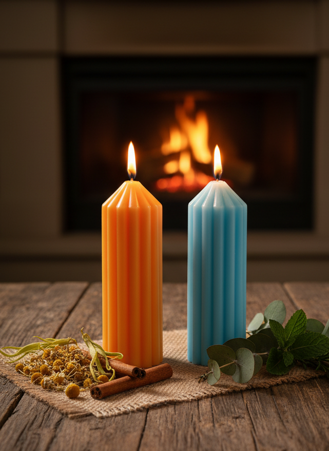 Two colorful candles on a wooden surface with a fireplace in the background