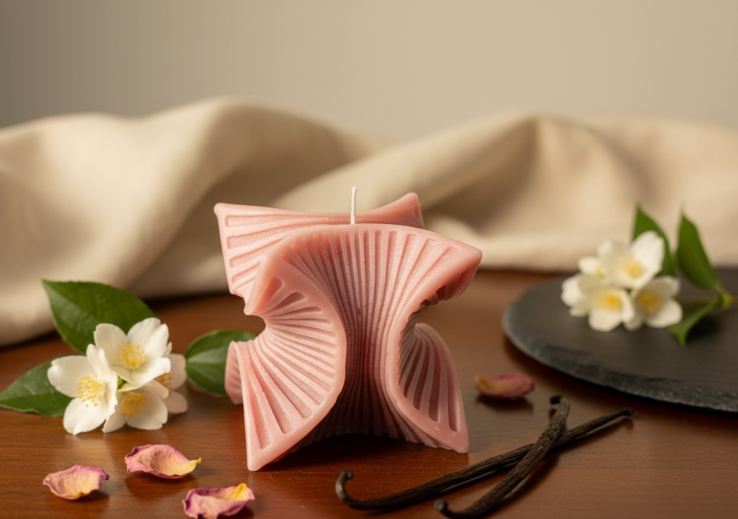 Pink ribbed candle on a wooden surface with flowers and vanilla beans, featuring 'Butterfly Whispers' branding.