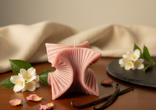Pink ribbed candle on a wooden surface with flowers and vanilla beans, featuring 'Butterfly Whispers' branding.