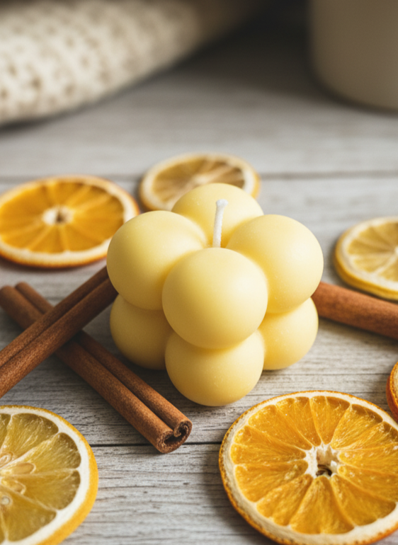 Yellow candle, cinnamon sticks, and orange slices on a wooden surface with 'Butterfly Whispers' branding.