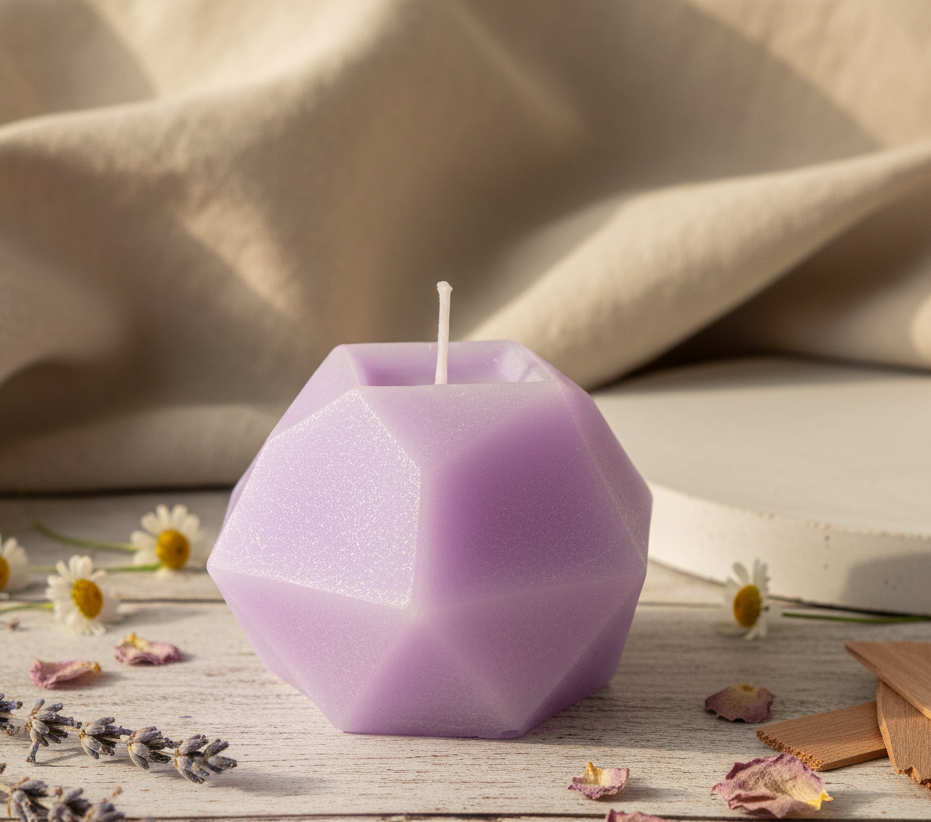 Purple geometric candle on a wooden surface with flowers and fabric in the background, featuring 'Butterfly Whispers' branding.