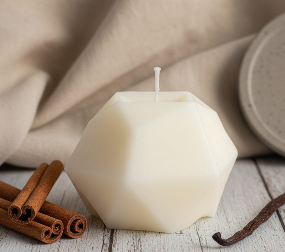 Hexagonal white candle with cinnamon sticks and vanilla bean on a wooden surface, featuring 'Butterfly Whispers' branding.