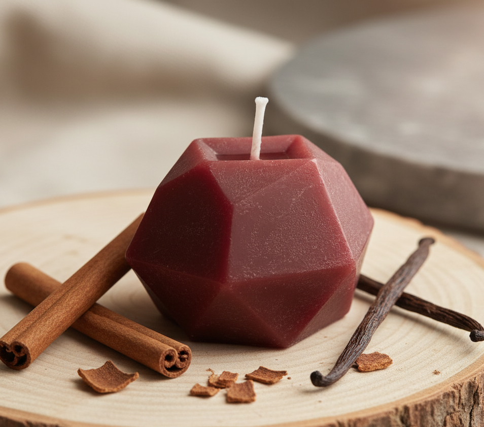 Geometric red candle with cinnamon sticks and vanilla beans on a wooden surface
