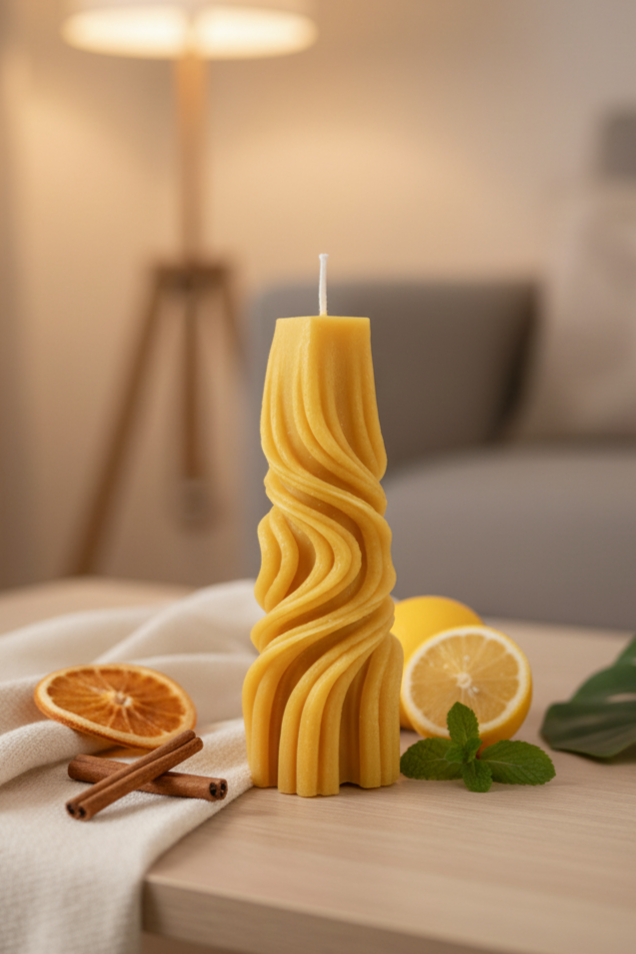 Wavy-patterned candle on a table with citrus fruits and cinnamon sticks, in a cozy indoor setting.