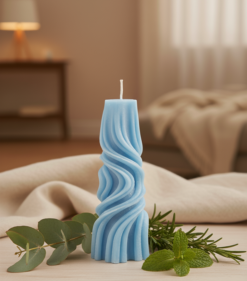 Blue wavy candle with eucalyptus and rosemary on a neutral background