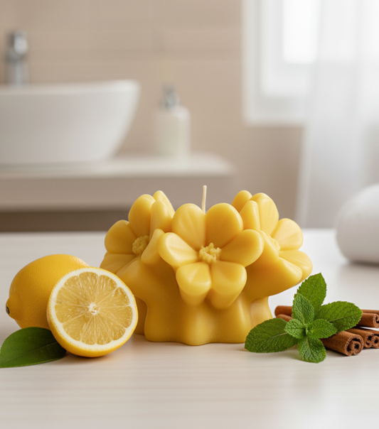 Yellow flower-shaped candle with lemons and mint leaves on a bathroom counter.