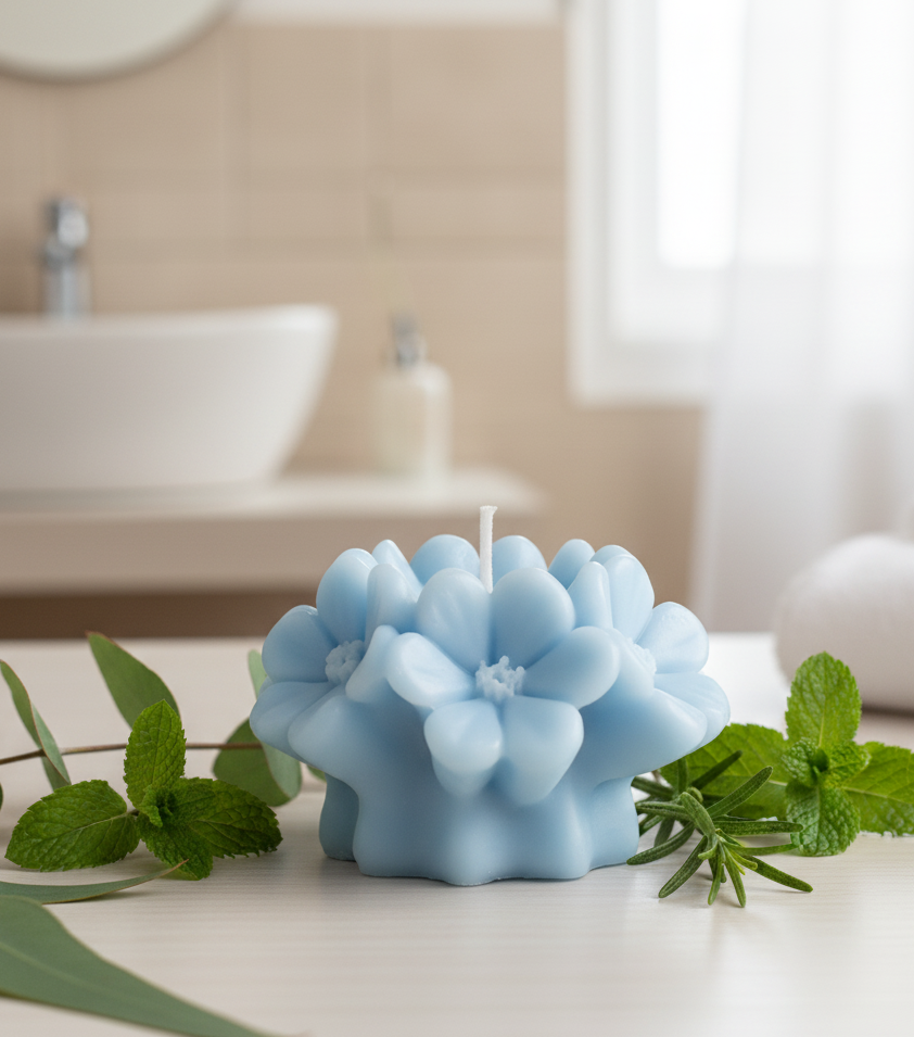 Blue succulent-shaped candle on a bathroom counter with green leaves.