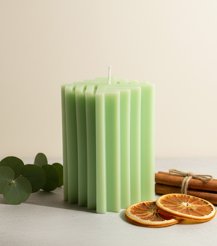Green striped candle with eucalyptus leaves, orange slices, and cinnamon sticks on a neutral background