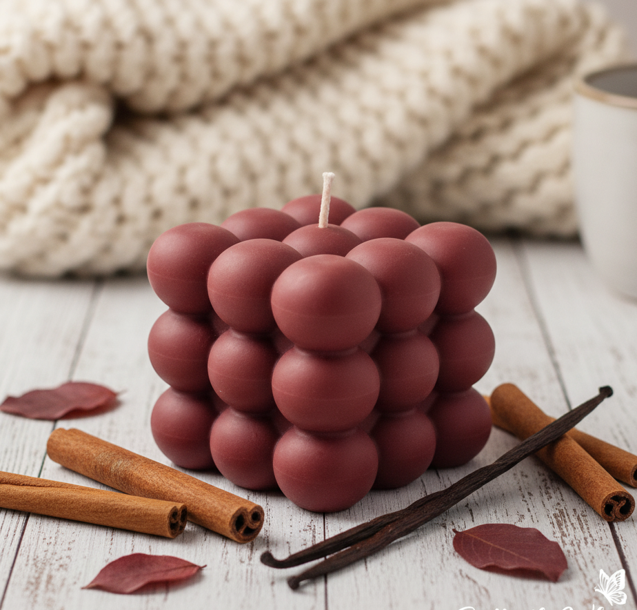 Red candle shaped like a cube with cinnamon sticks and vanilla beans on a wooden surface.