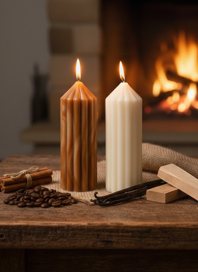 Two lit candles on a wooden surface with a fireplace in the background