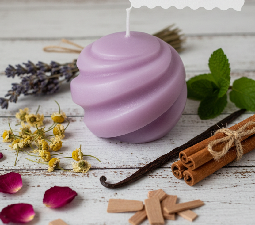 Purple candle with butterfly label on a wooden surface with lavender, rose petals, and vanilla beans.