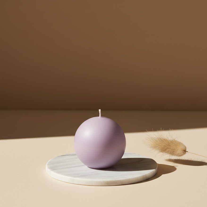 Purple spherical candle on a white marble stand against a brown background