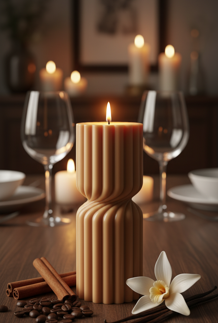 Decorative candle with cinnamon sticks, coffee beans, and vanilla on a wooden table with a blurred background of candles and glasses.