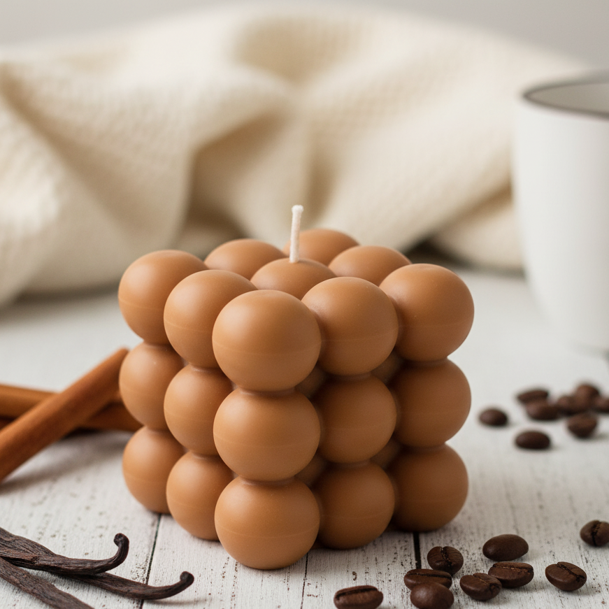 Brown bubble candle with cinnamon sticks, vanilla beans, and coffee beans on a wooden surface.