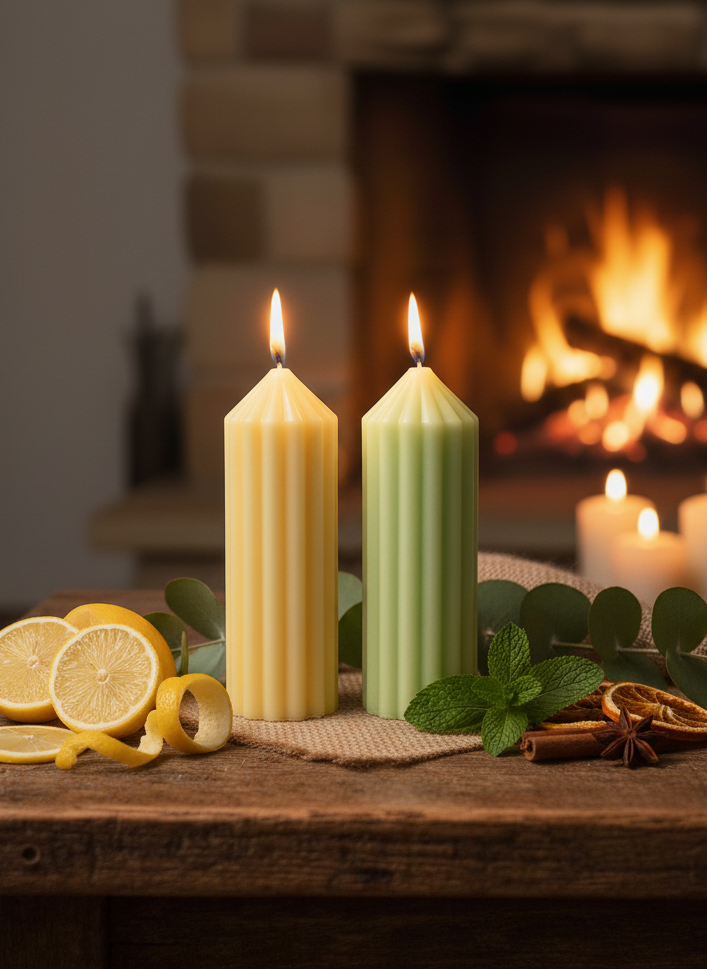 Two lit candles on a wooden surface with lemons, cinnamon sticks, and eucalyptus leaves in front of a fireplace.