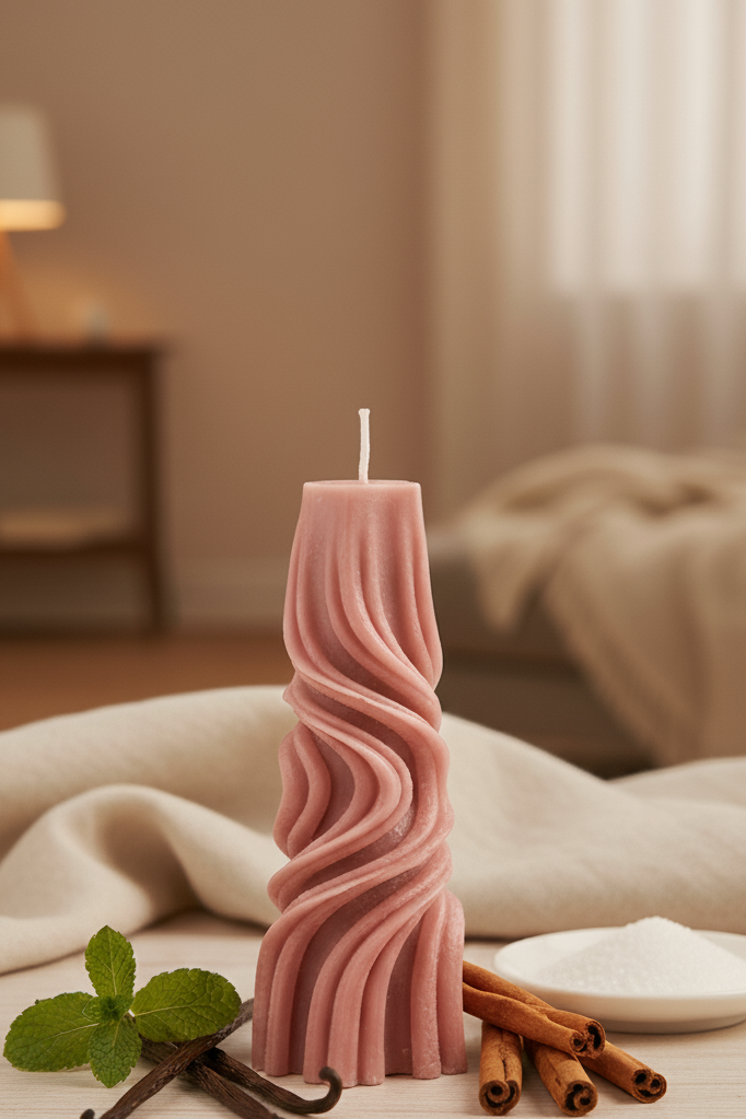 Pink wavy candle on a table with vanilla beans, cinnamon sticks, and mint leaves in a cozy room setting.