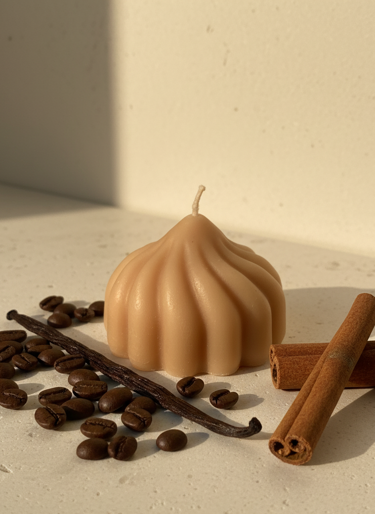 Beige candle with vanilla beans, coffee beans, and cinnamon sticks on a light surface.